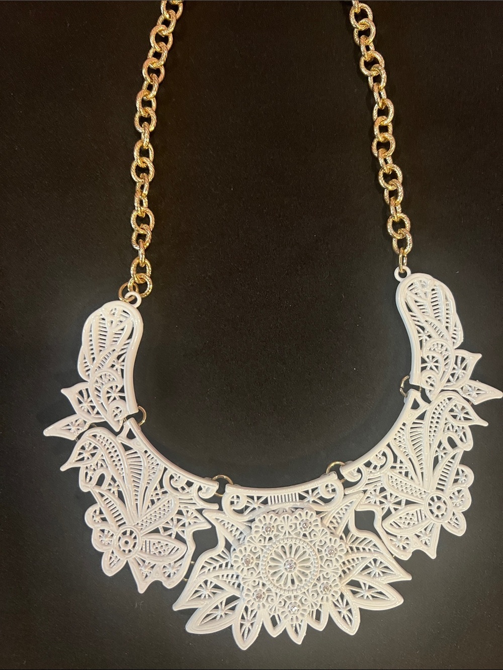 Gold Chain Necklace with White Filigree Bib Pendant - Elegant Statement